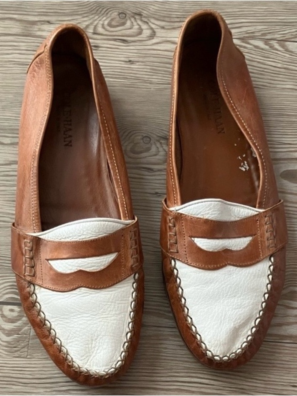 COLE HAAN Men’s Leather Caramel/Cream Slip on Loafers. Sz 9.5 Made in Italy